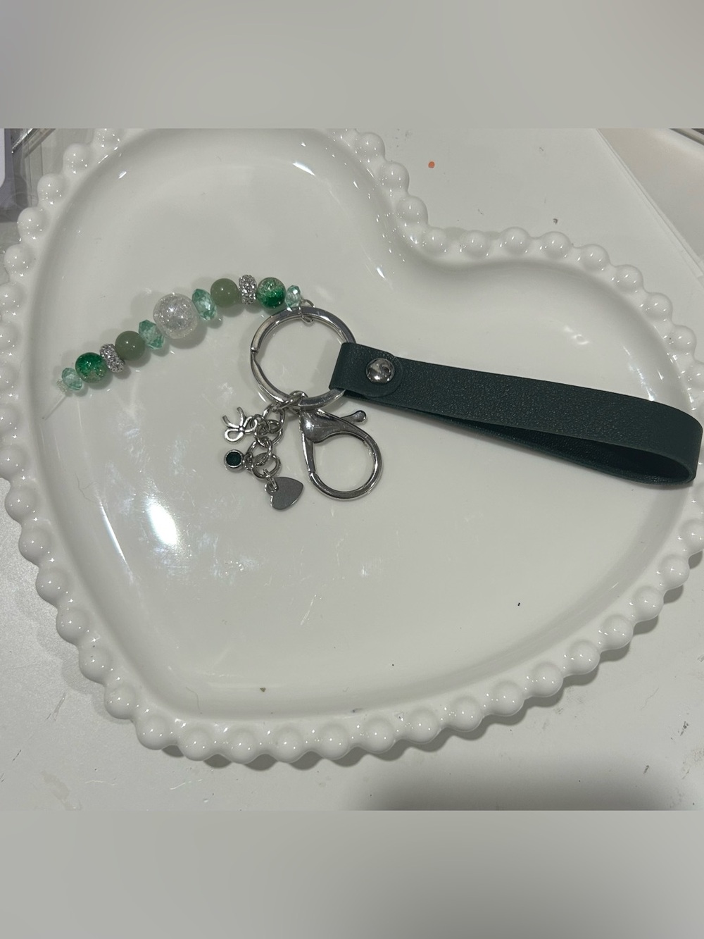 Faux Leather Strap Keychain with Green Bead Accents